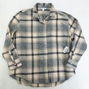 Old Navy Boyfreid Shirt Womens Large Gray Plaid Flannel Long Sleeve Button Front